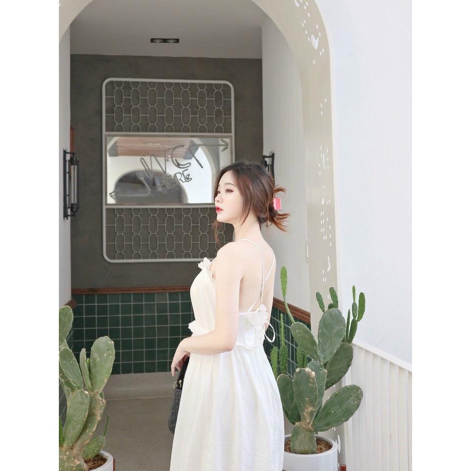 Đầm trắng đi biển 2 dây hở lưng maxi Cao Cấp phong cách Vintage thiết kế dáng xòe dài qua gối MiNhi