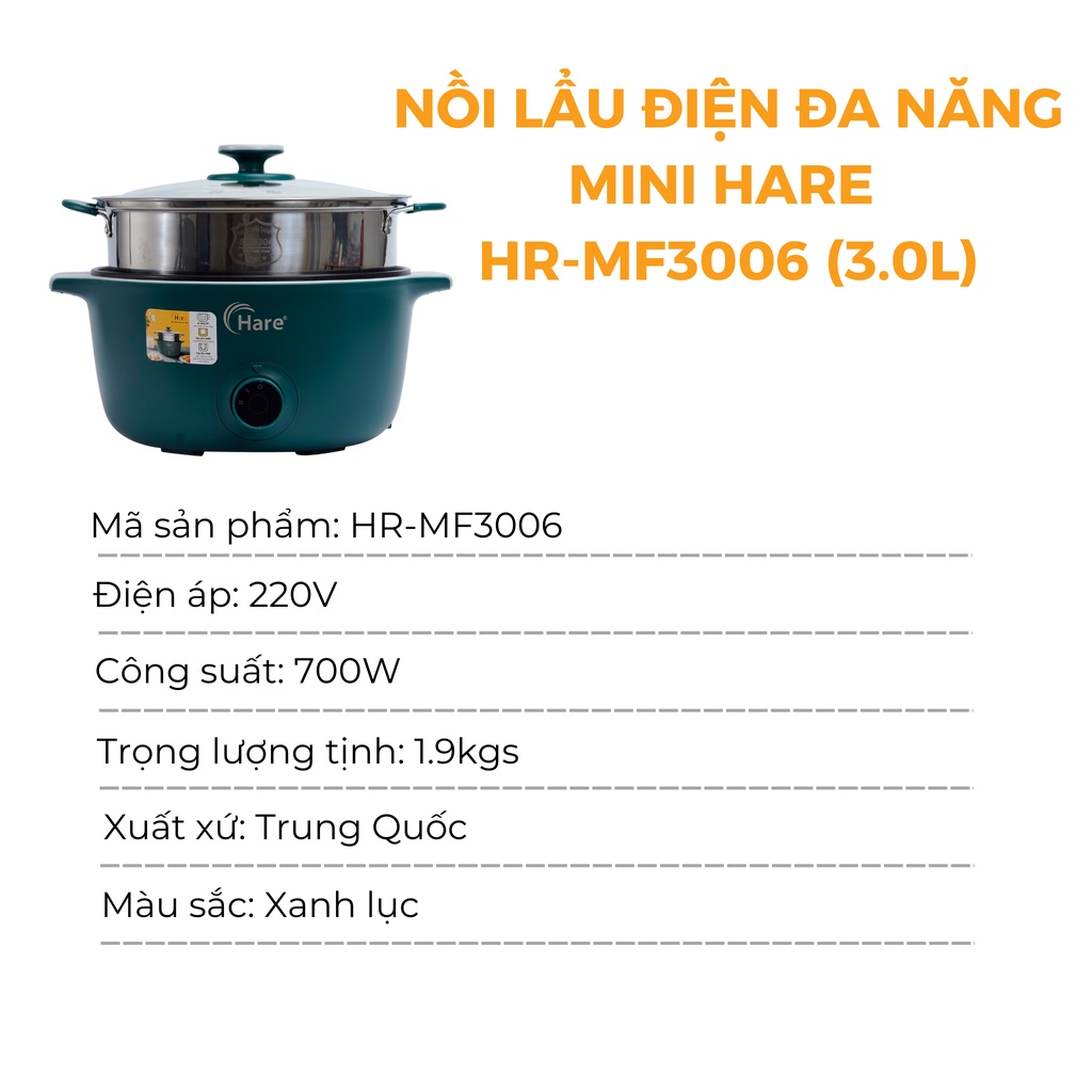 Nồi lẩu điện đa năng HR-MF3006 (3.0L) -hàng chính hãng thương hiệu Hare - bảo hành 12 tháng