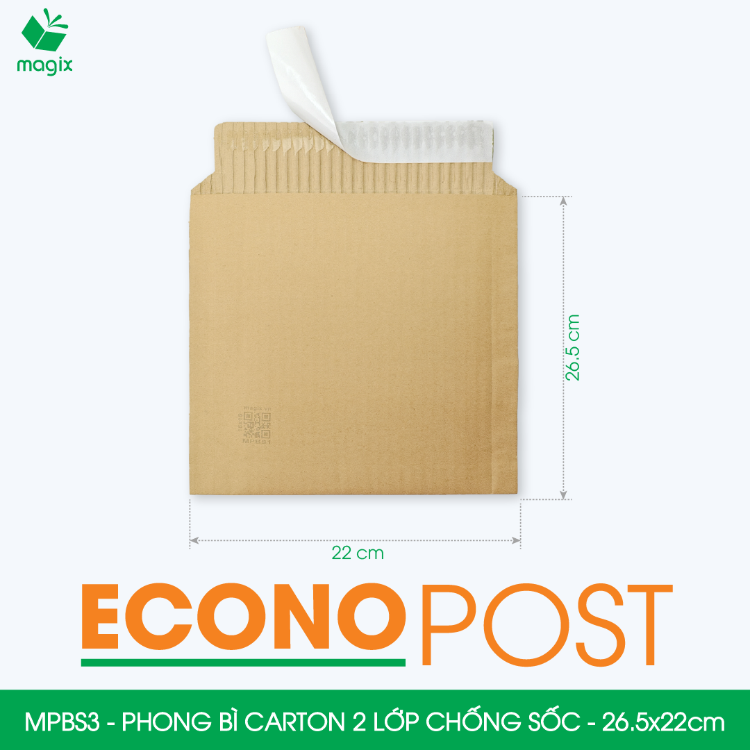 MPBS3 - 26,5x22 cm - Combo 60 túi phong bì carton chống sốc, chống thấm nước, sẵn keo niêm phong