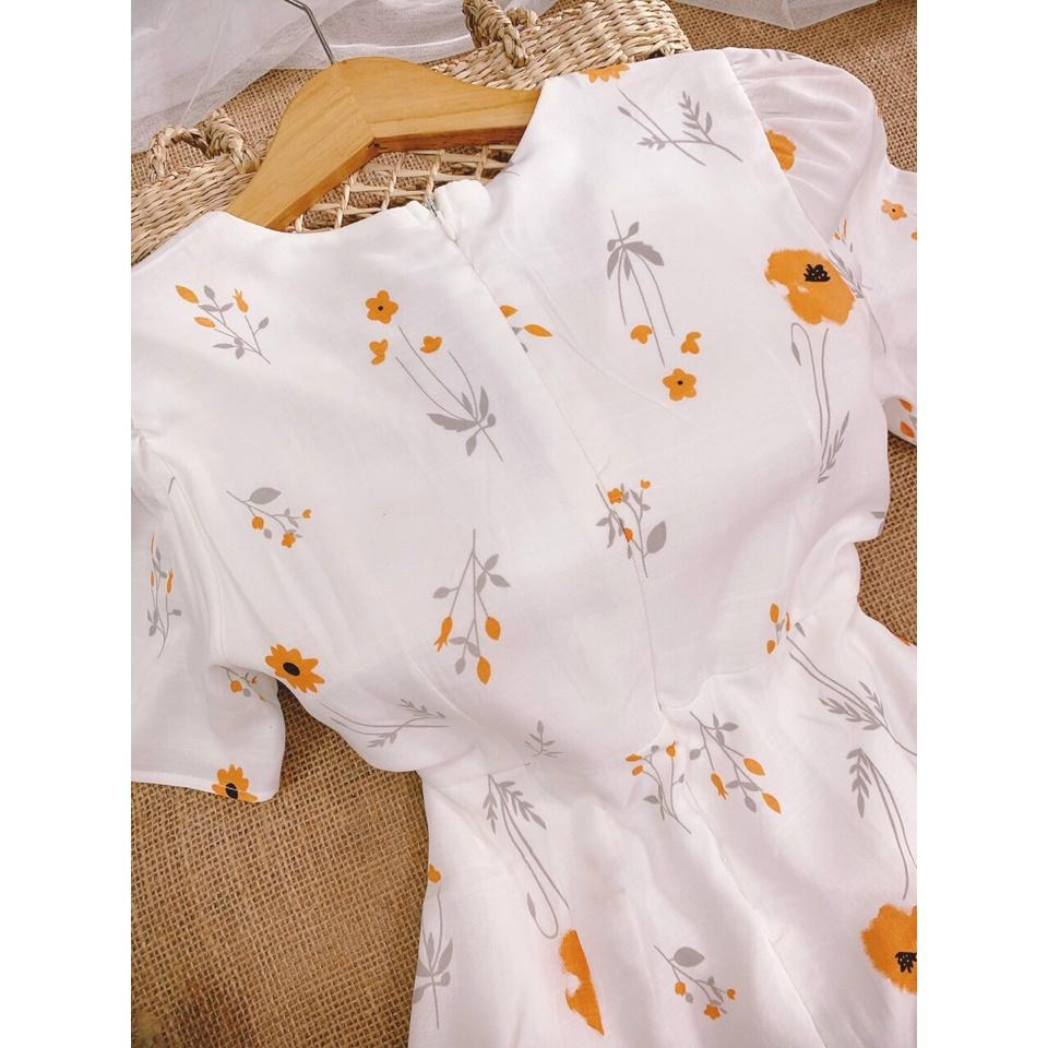 Váy hoa cổ V, Đầm trắng cổ tim Cao Cấp dáng xòe dài, phong cách Vintage hoa đỏ tay ngắn, mặc dự tiêc công sở - MiNhi