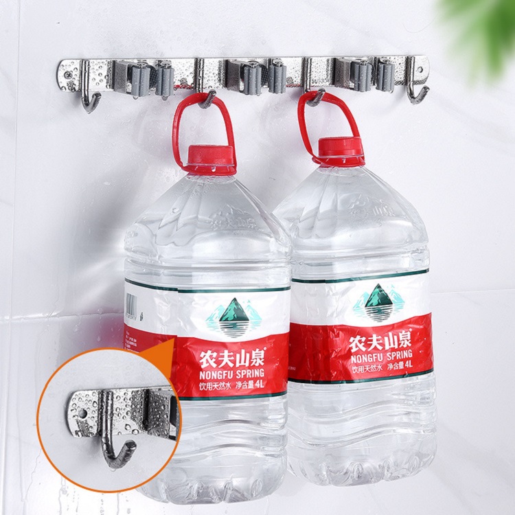 Thanh treo đồ dán tường Inox 304 gồm 4 móc treo và 3 rãnh kẹp cây chổi lau nhà siêu tiên lợi - tặng kèm keo