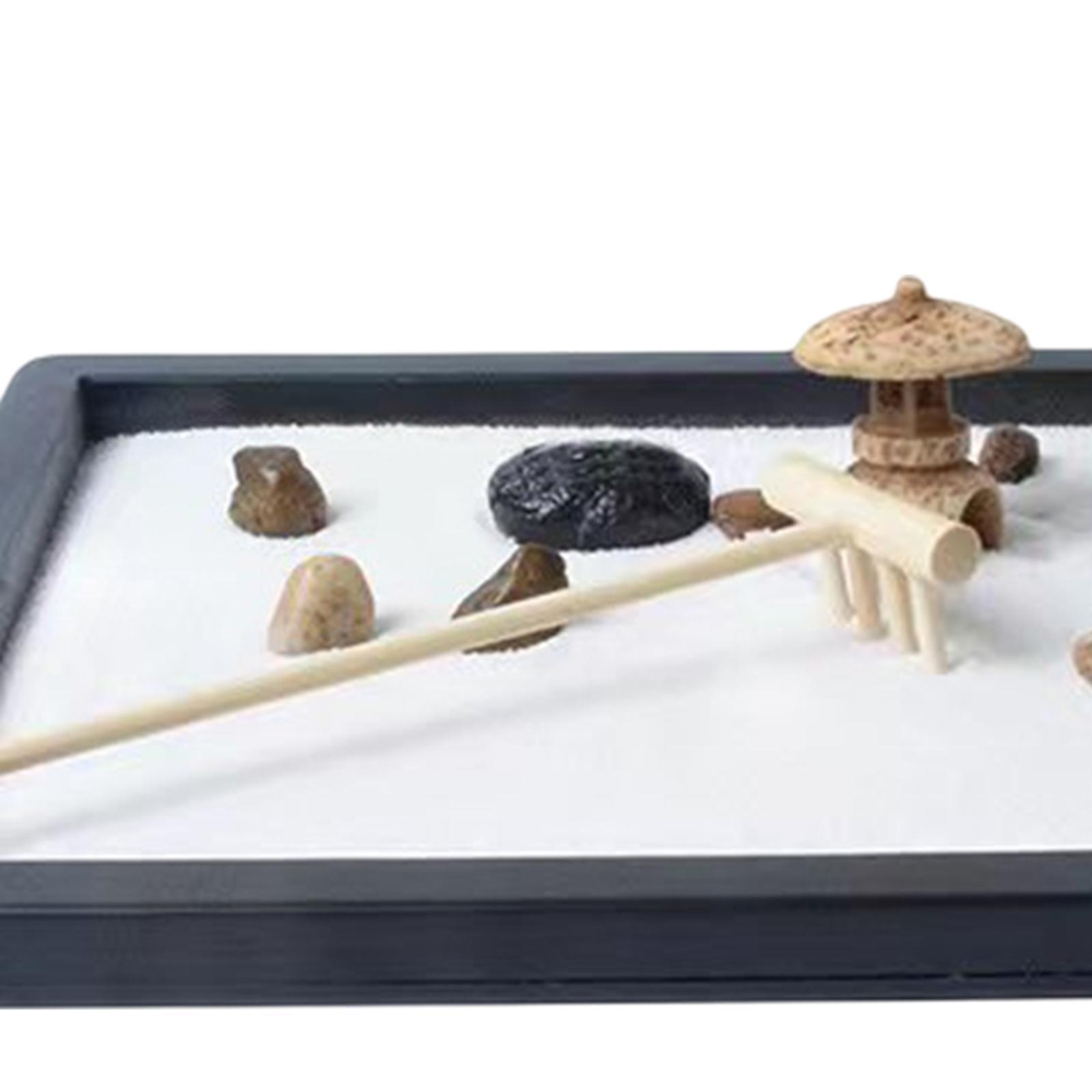 Mini Desk Decoration Gifts Meditation Relaxation Yoga Miniatures Wooden Tray Rake Ornaments Desktop Sandbox Rocks for Living Room Office
