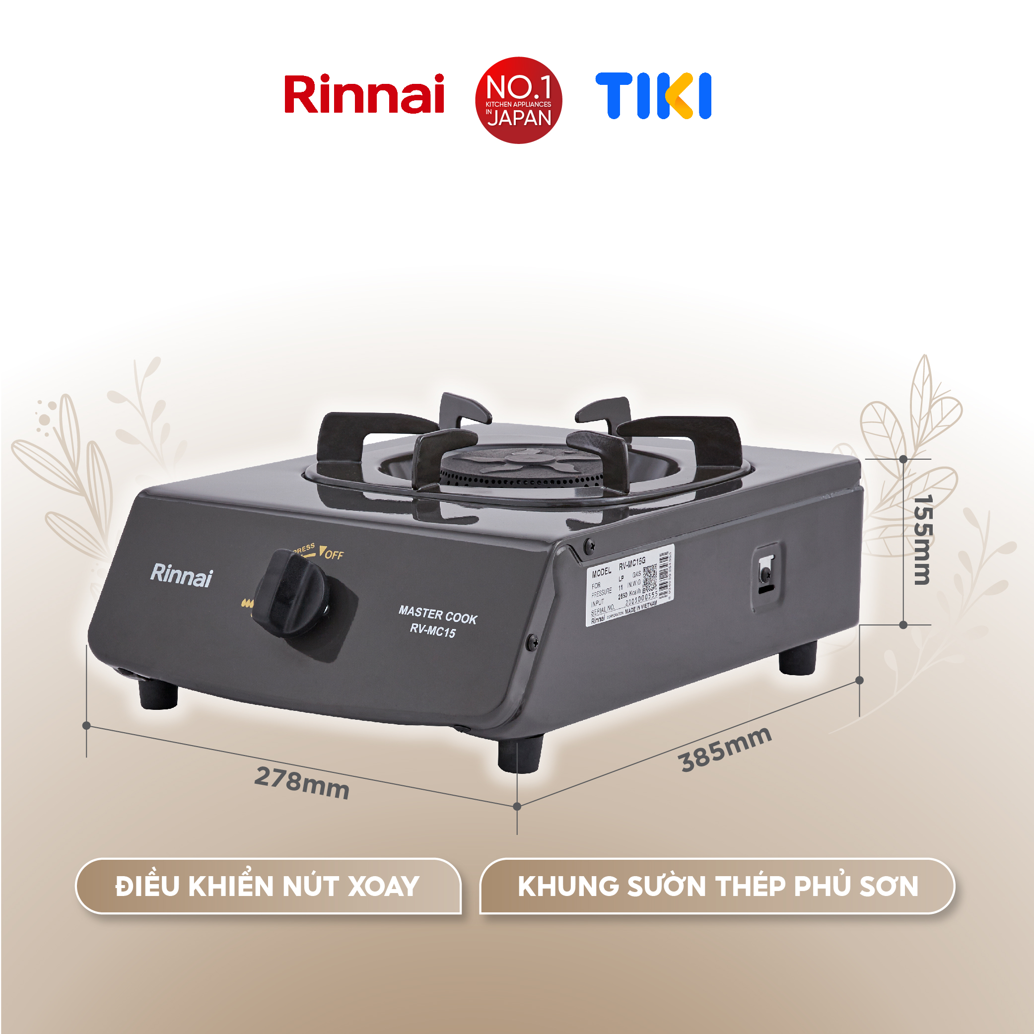 Bếp gas dương Rinnai RV-MC15G mặt bếp men và kiềng bếp men - Hàng chính hãng