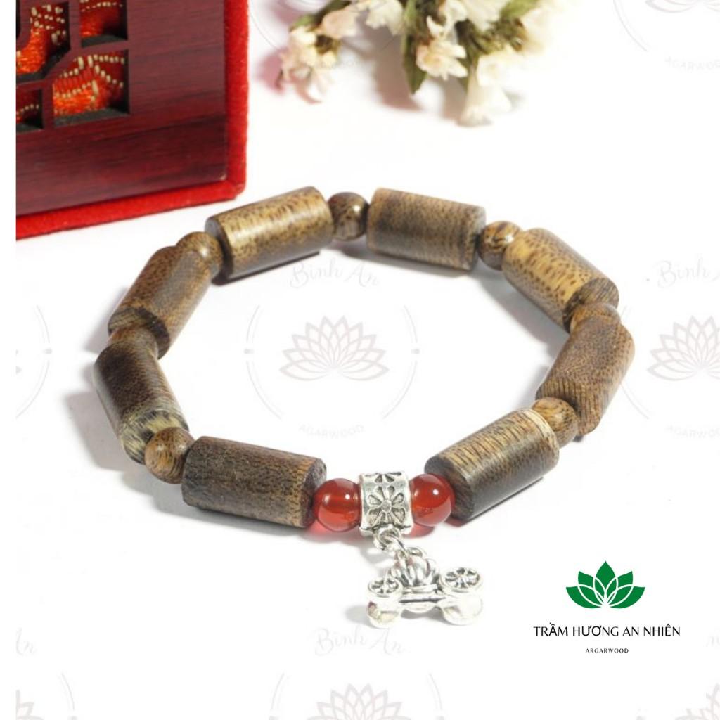 Vòng Tay Trầm Hương Tốc Tự Nhiên Mix Charm B.ạ.c Hình Trụ - Vòng Tay Phong Thủy 8ly 10ly 12l