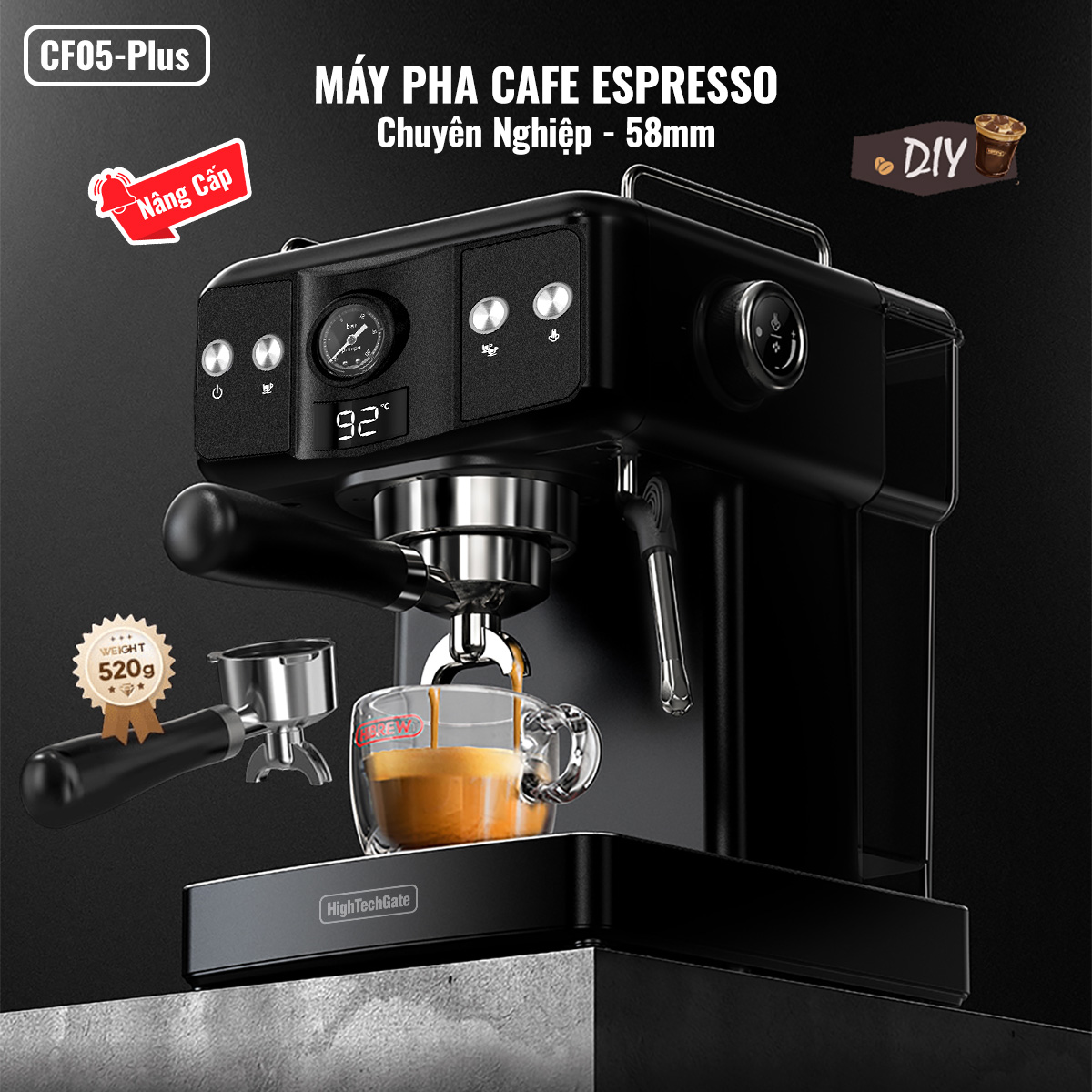 Máy Pha Cà Phê Espresso CF05 PLus HIGH TECH GATE Kiểm Soát Nhiệt PID 90~95ºC Chính Xác, Bộ Full Combo, Làm Nóng Nhanh, Tự Động Mini Nhỏ Gọn Gia Đình, Văn Phòng, Hàng Chính Hãng