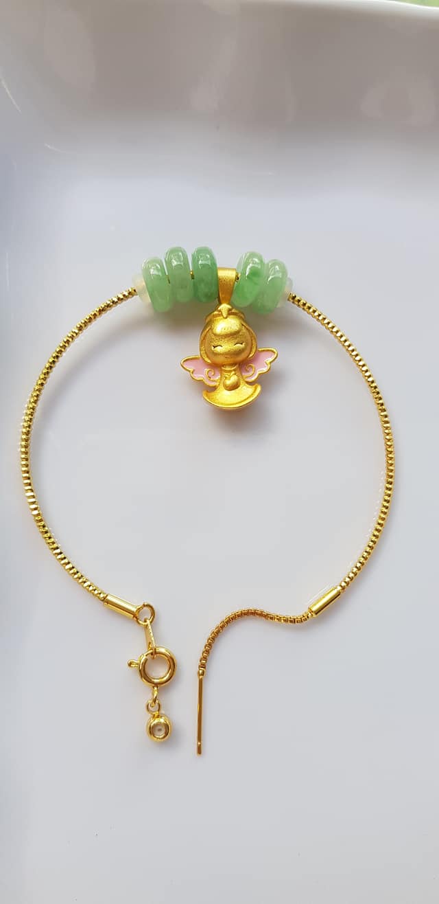 Vòng Tay charm xinh đẹp 5 đồng tiền đá cẩm thạch tự nhiên Vòng phối charm hình bé thiên thần vòng màu vàng khoen rút xinh Nữ đeo dễ thương ạ
