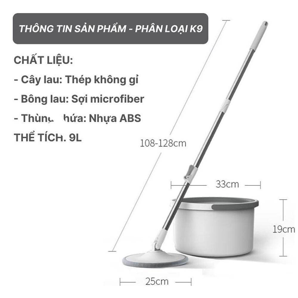 Chổi lau nhà thông minh tách nước bẩn K9 xoay 360 độ, cây lau nhà tự vắt thông minh kèm xô thế hệ mới, tặng 2 bông lau