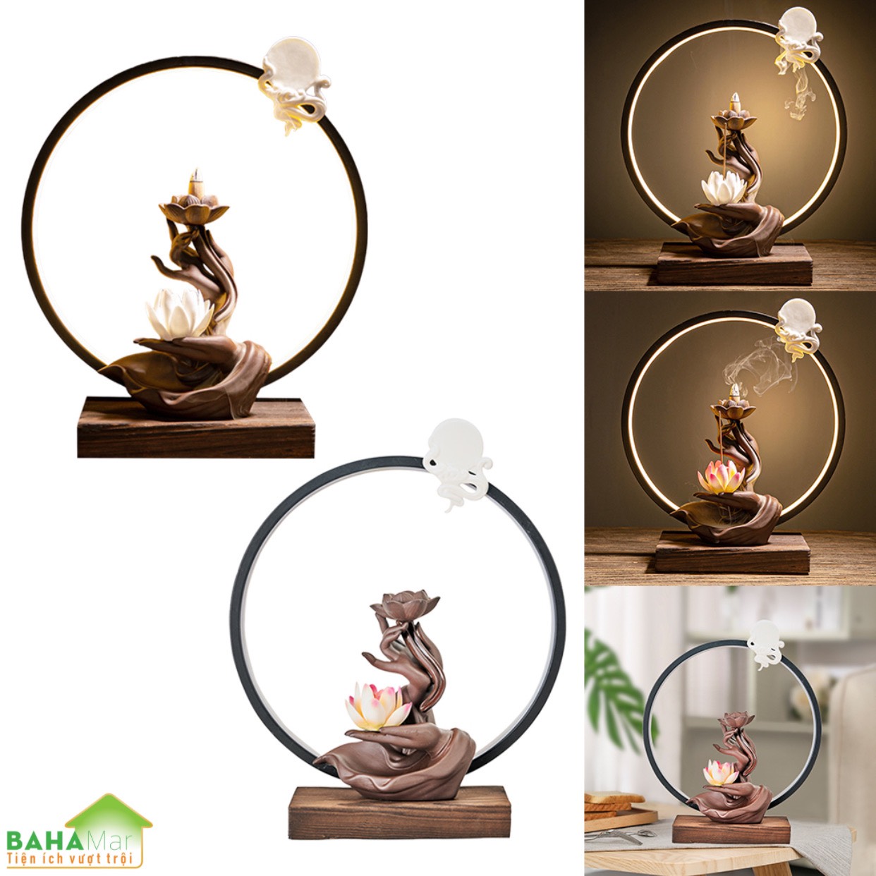 LƯ HƯƠNG VÒNG TRÒN ĐÈN LED PHONG CÁCH THIỀN - THÁC KHÓI TRẦM HƯƠNG CHẢY NGƯỢC BÀN TAY CẦM NHÀNH SEN "BAHAMAR" tạo không khí trong lành, tâm trạng tĩnh tại, làm giảm bớt lo lắng
