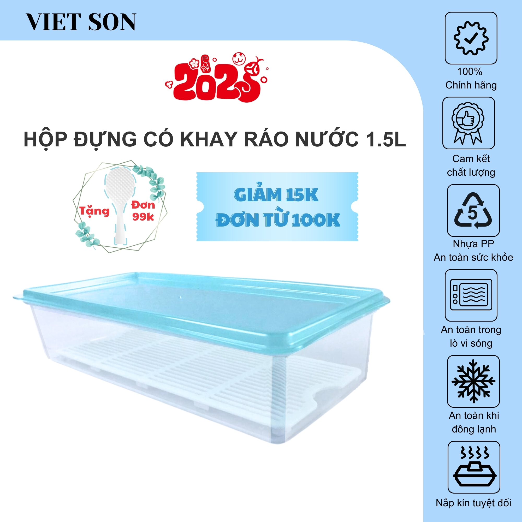 Hộp Nhựa Thực Phẩm Chữ Nhật Nắp Kín Có Khay Ráo Nước Việt Son 1.5L