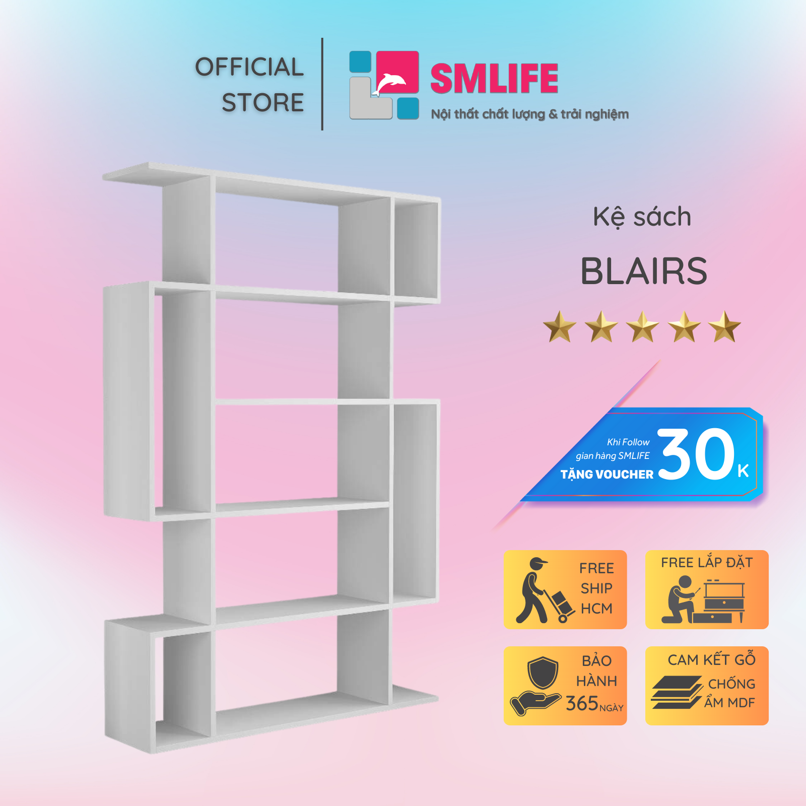 Kệ sách gỗ hiện đại SMLIFE Blairs | Gỗ MDF dày 17mm chống ẩm | D100xR28xC160cm - Màu