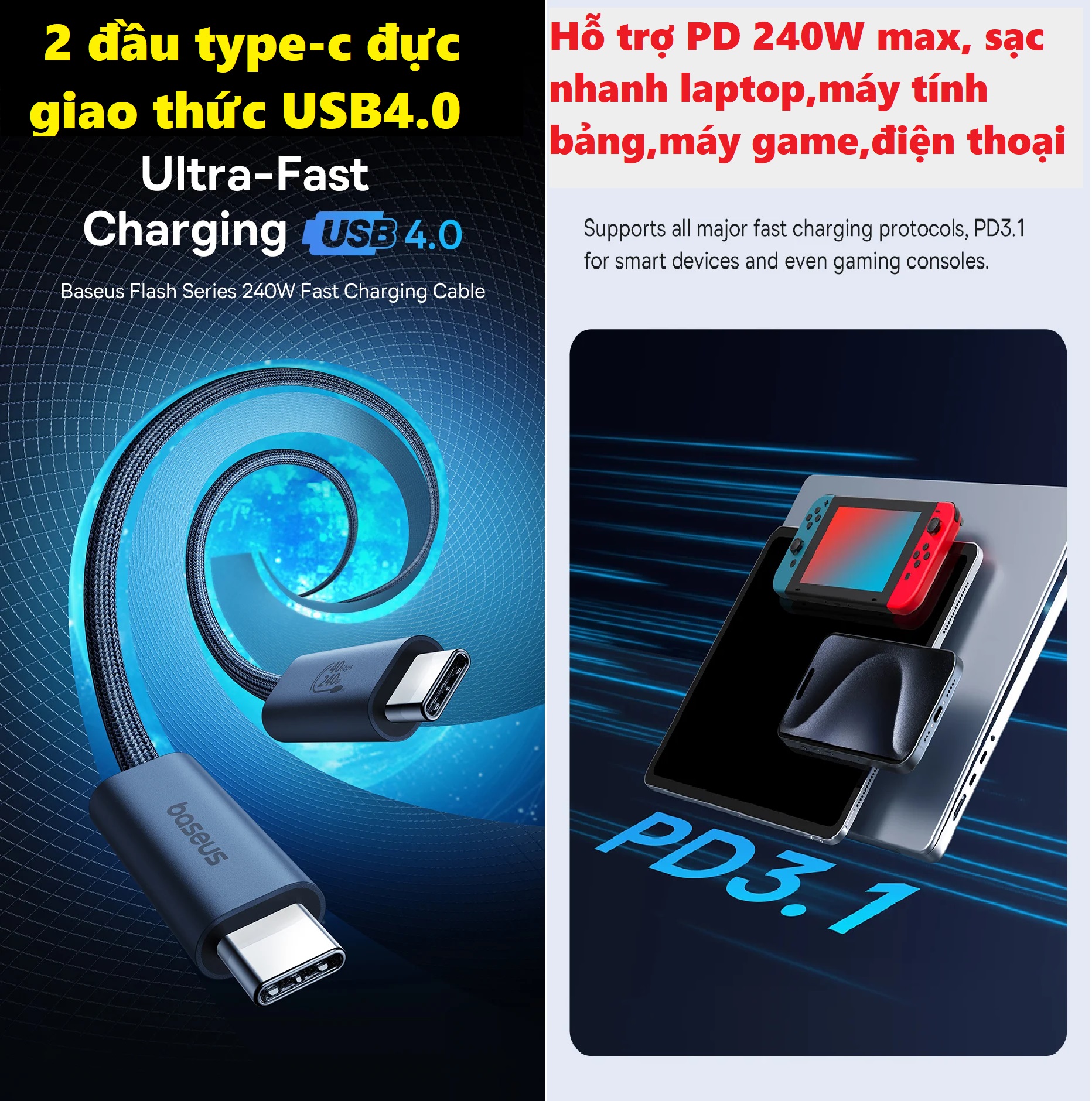 Dây cáp 2 đầu type C USB4.0 PD240W 8K@60Hz Baseus Flash Series 2 CB000068 _ Hàng chính hãng