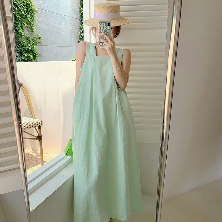 Váy maxi đi biển hai dây bản to màu xanh, đầm dây hở lưng cổ vuông chất thô from rộng dáng dài