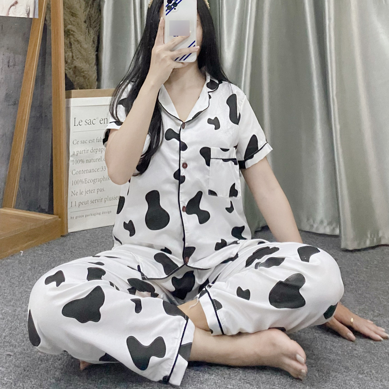 Bộ Đồ Nữ Đồ Ngủ Đồ Mặc Trong Nhà Họa Tiết Bò Sữa Xinh Cute DBO03 MayHomes Chất Liệu Kate