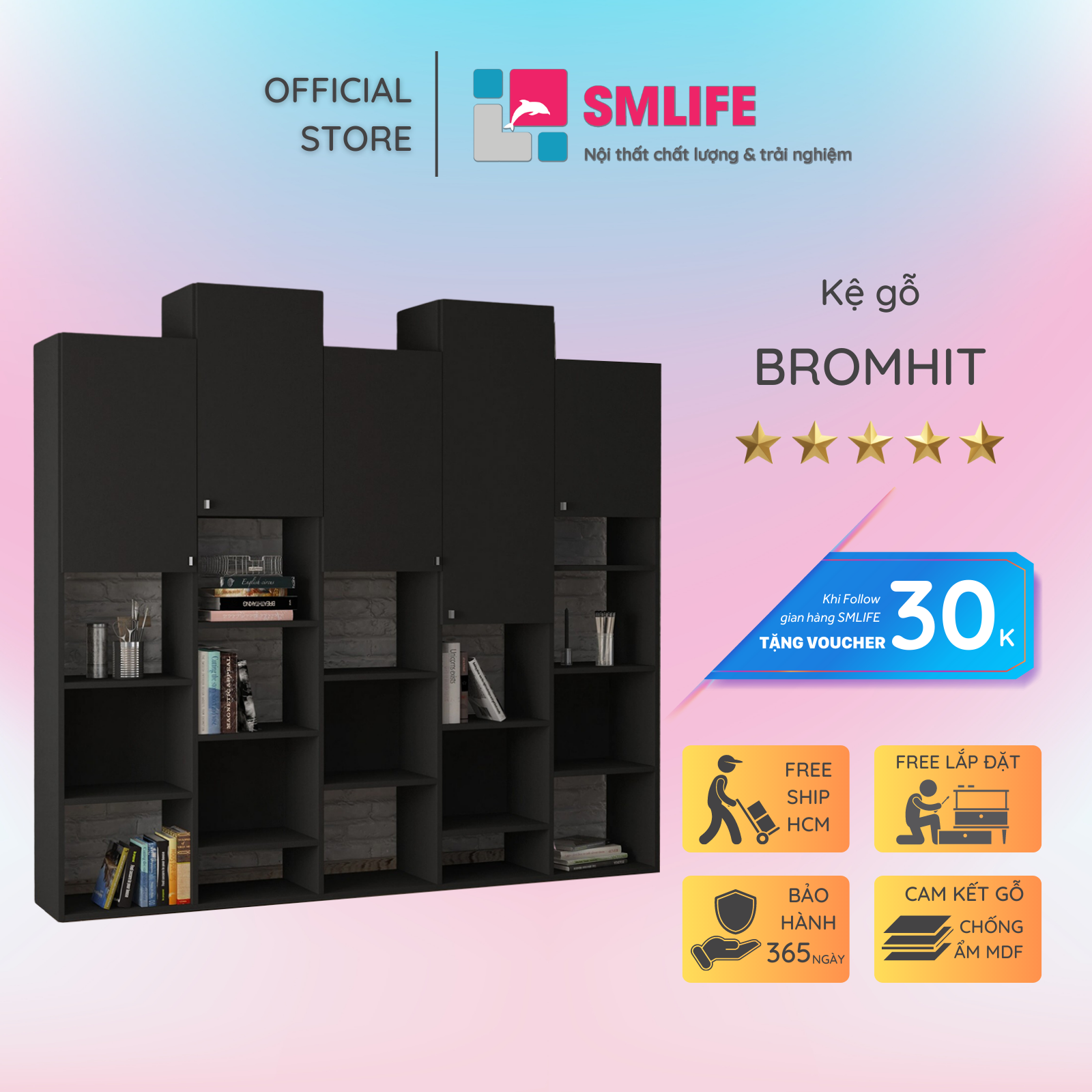 Kệ sách gỗ hiện đại SMLIFE Bromhit  | Gỗ MDF dày 17mm chống ẩm | D205xR30xC185cm - Màu