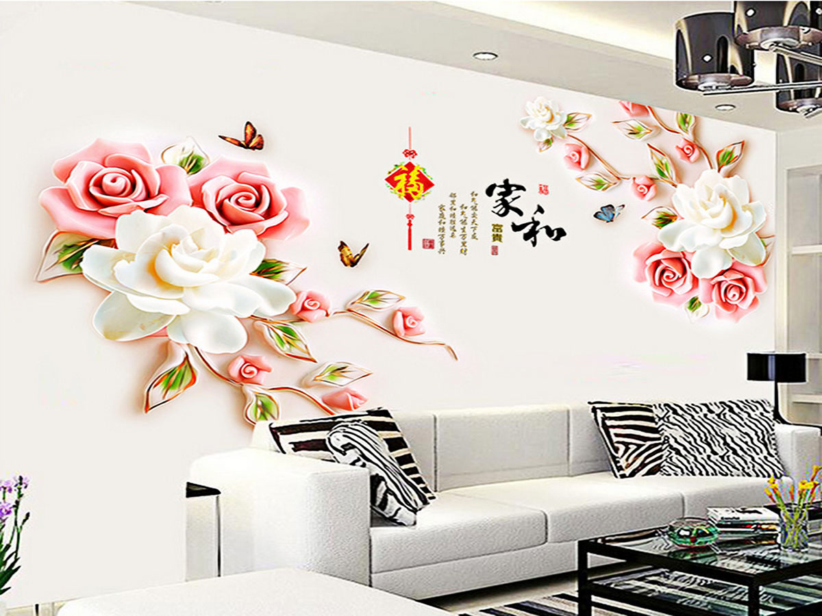 decal dán tường cụm hoa hồng hai màu trắng và hồng 2 mảnh bông to gs8974