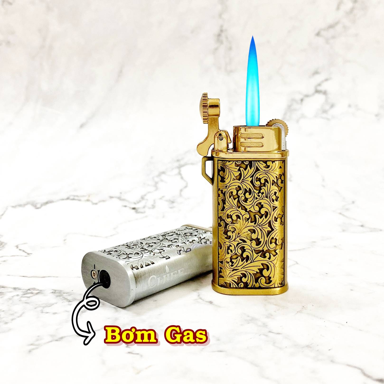 Bật lửa hột quẹt khè gas đá rảnh tay CHIEF CF220B hình hoa văn - xài gas