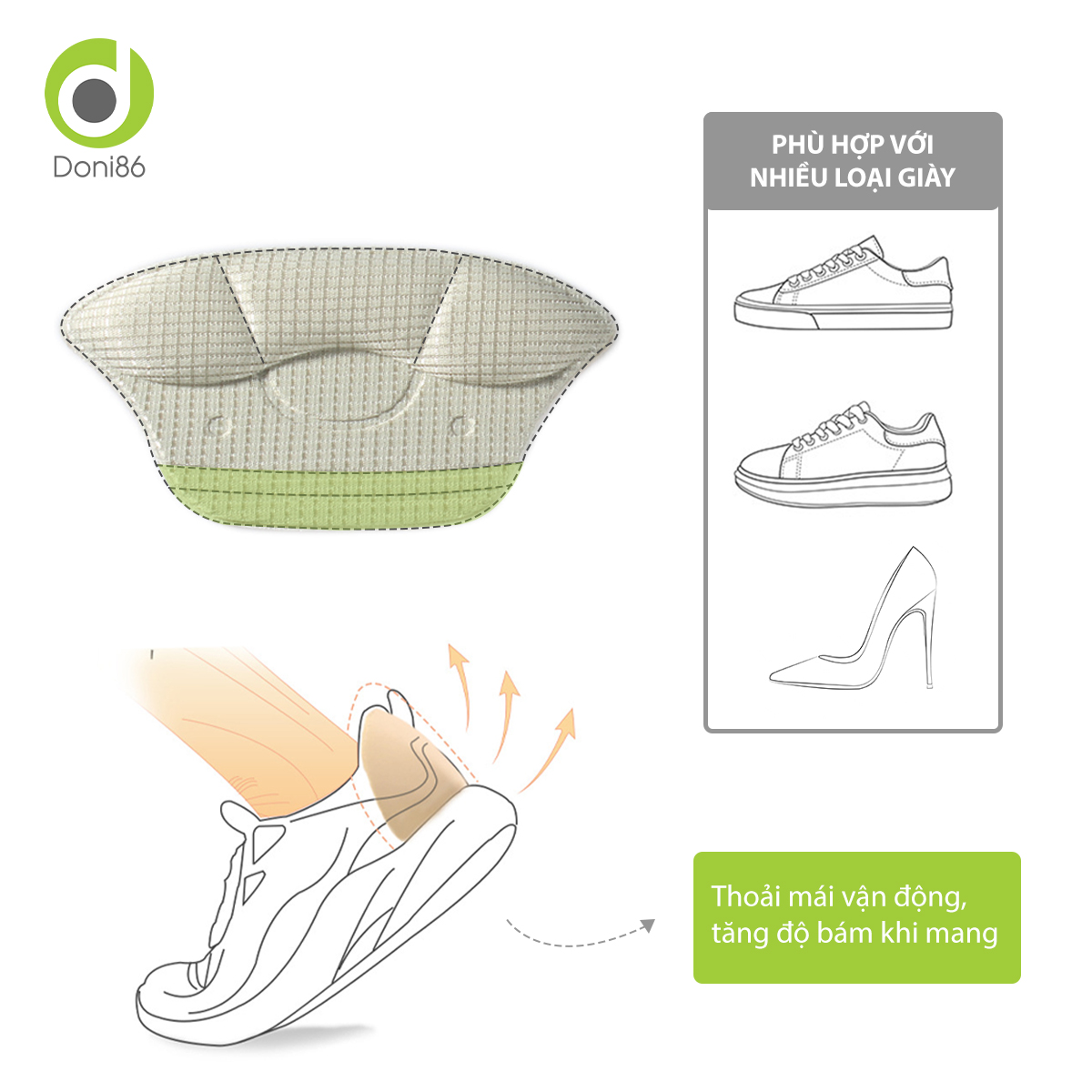 Combo 2 cặp lót gót giày thể thao nam nữ, giảm size, giảm đau gót chân khi di chuyển - Doni - DOPK230