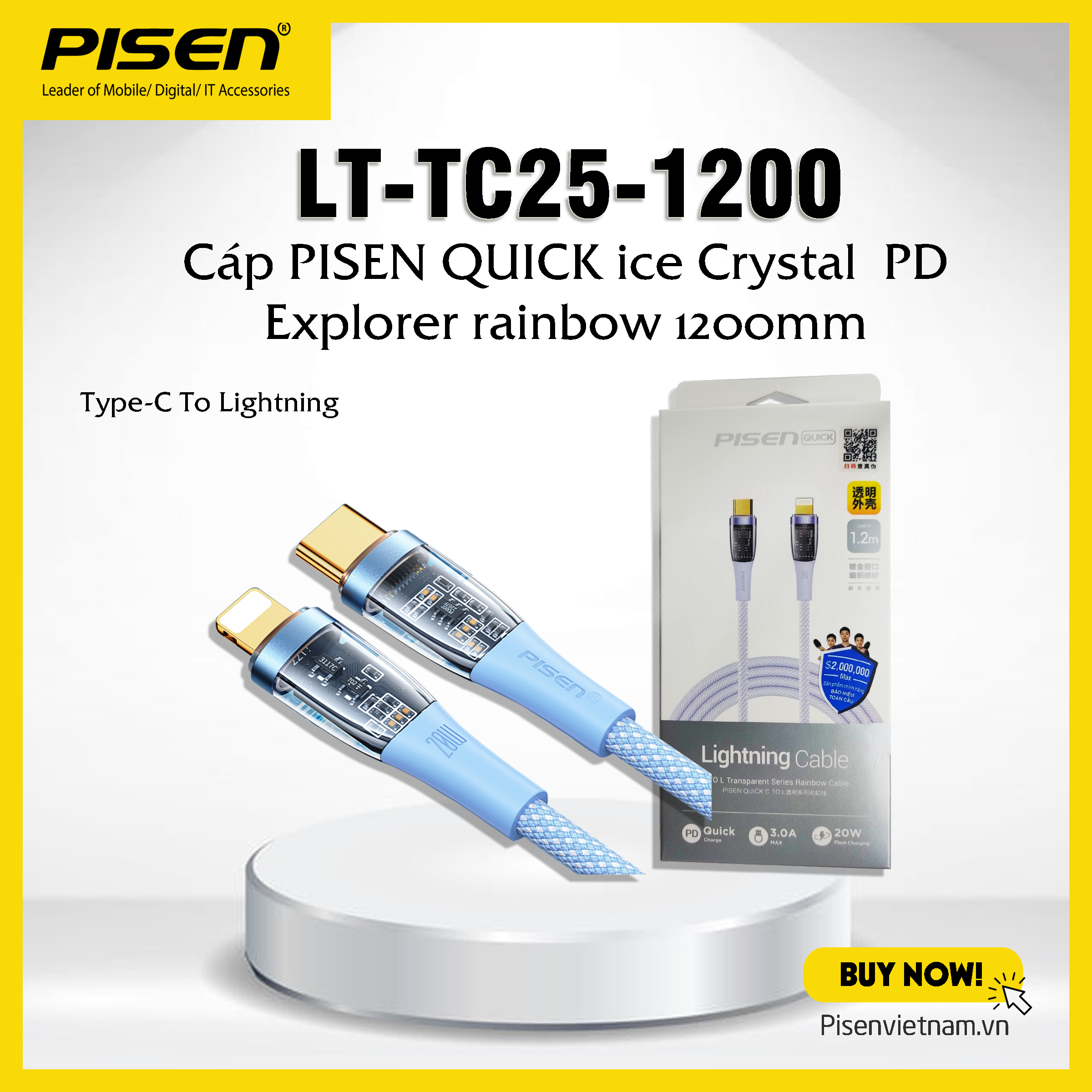 Cáp cao cấp Pisen Quick Ice Cry stal PD Explorer Rainbow 1200mm, Type-C sạc nhanh 20W (LT-TC25) - Hàng chính hãng