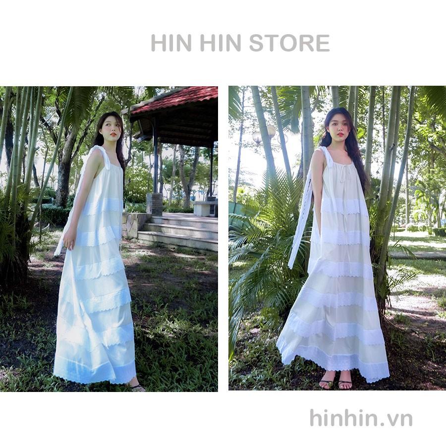 Đầm maxi đi biển 2 dây viền ren màu trắng HDC78 - Hỉn Hỉn Store