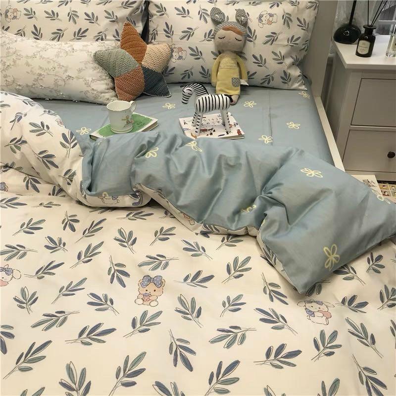 Bộ Gra Nệm Cotton Lụa Hàn Quốc Cao Cấp 5 món hoạ tiết hoa lá chất liệu mềm mát 1m2 1m4 1m6 1m8x2m