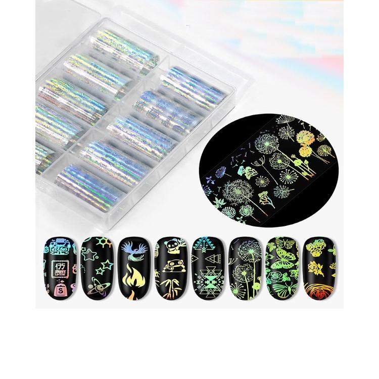 Foil nail dạ quang 3D 5D Yapas 10 cuộn họa tiết bảy màu, decal sticker foil dán trang trí móng tay cao cấp