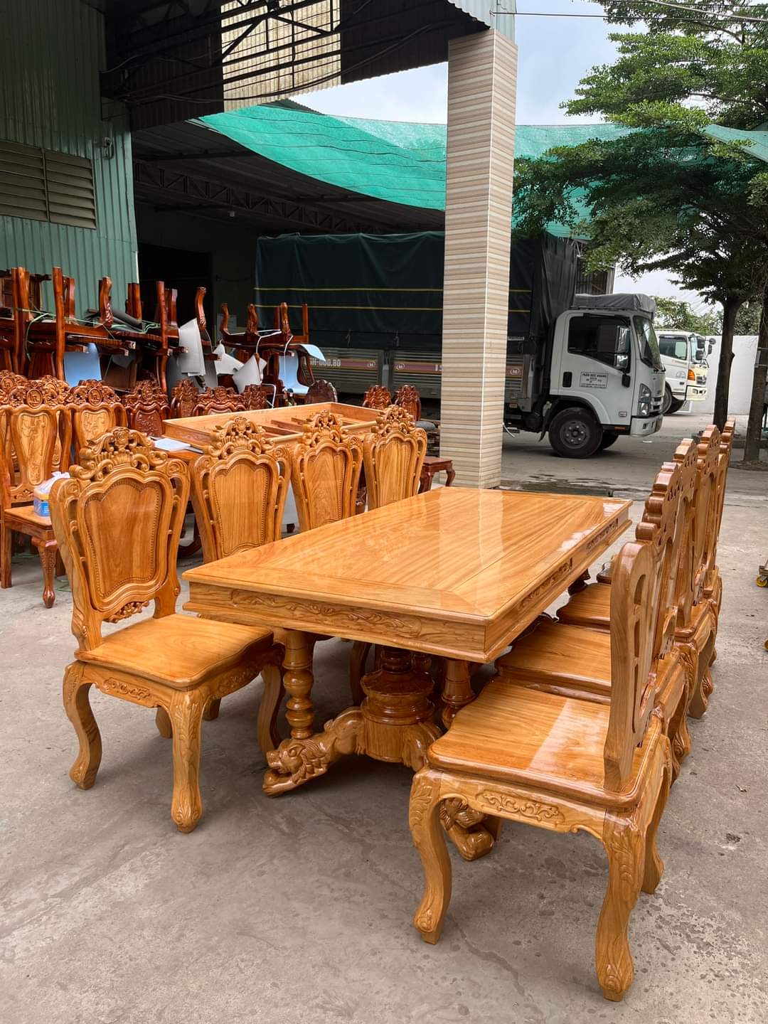 Bộ bàn ăn 8 ghế gỗ gõ đỏ chân rồng, ghế tựa kiểu nhật