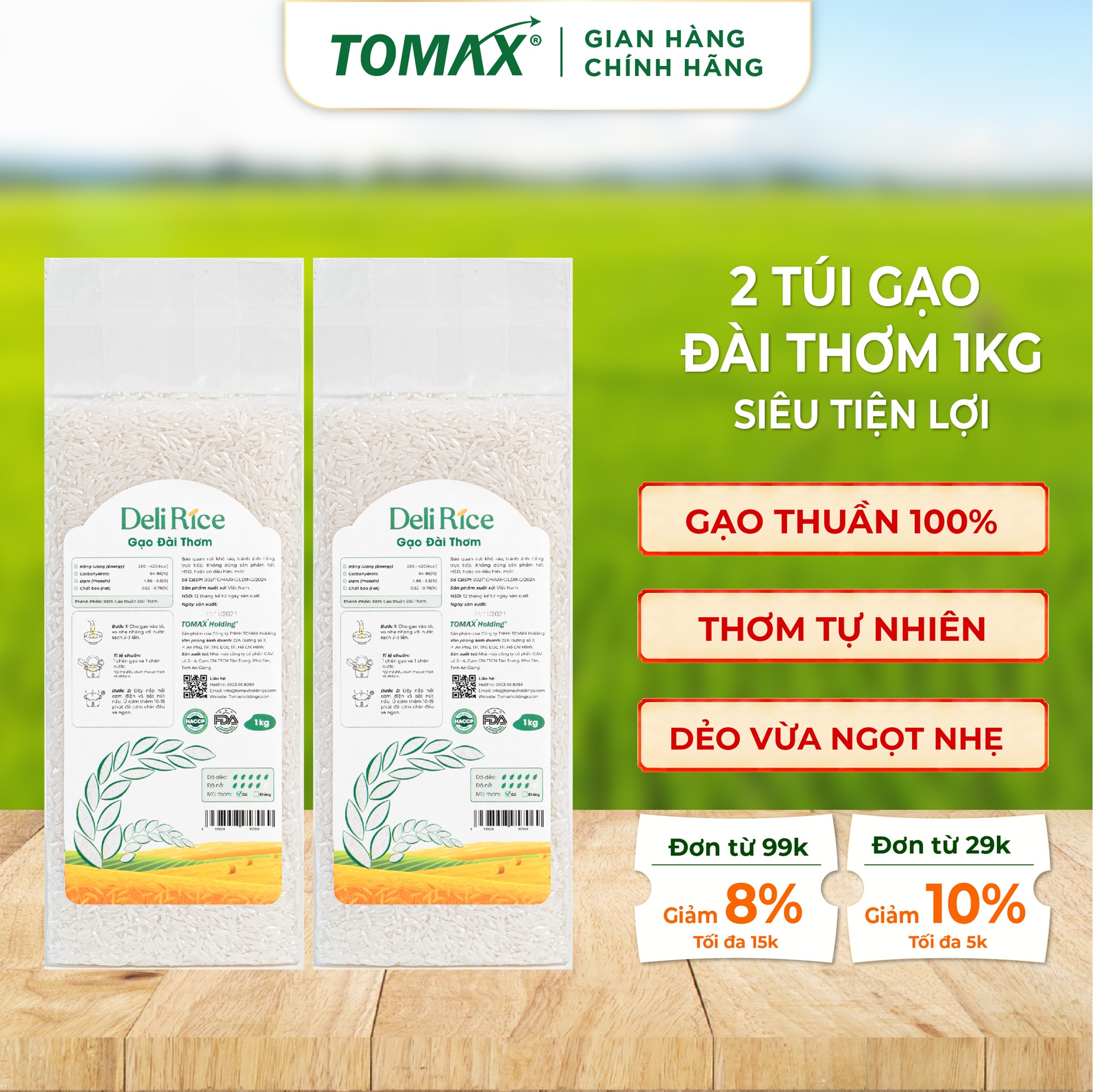 Combo 2 túi Gạo Đài Thơm 1kg TOMAX Ngọt thơm, tơi xốp