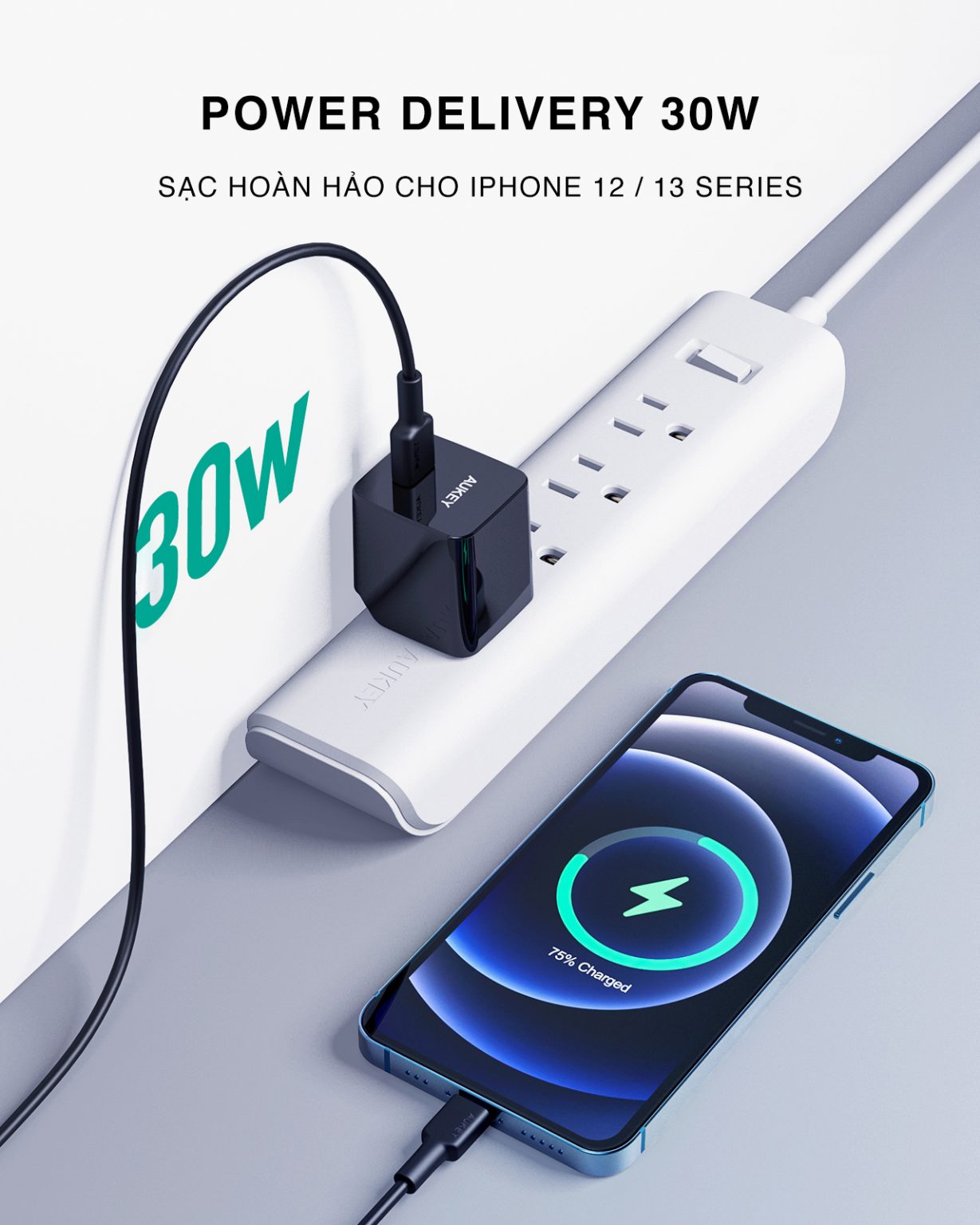 Bộ cáp và củ sạc Aukey cho Iphone PA-Y30s và CB-CL3 công suất 30W, MFI dài 9.0m -  hàng chính hãng