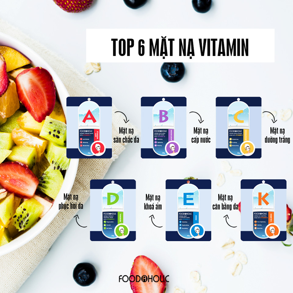 Combo 10 mặt nạ Vitamin dành cho da mụn (Vitamin B,D,E,K) 3D Foodaholic Essential 23g