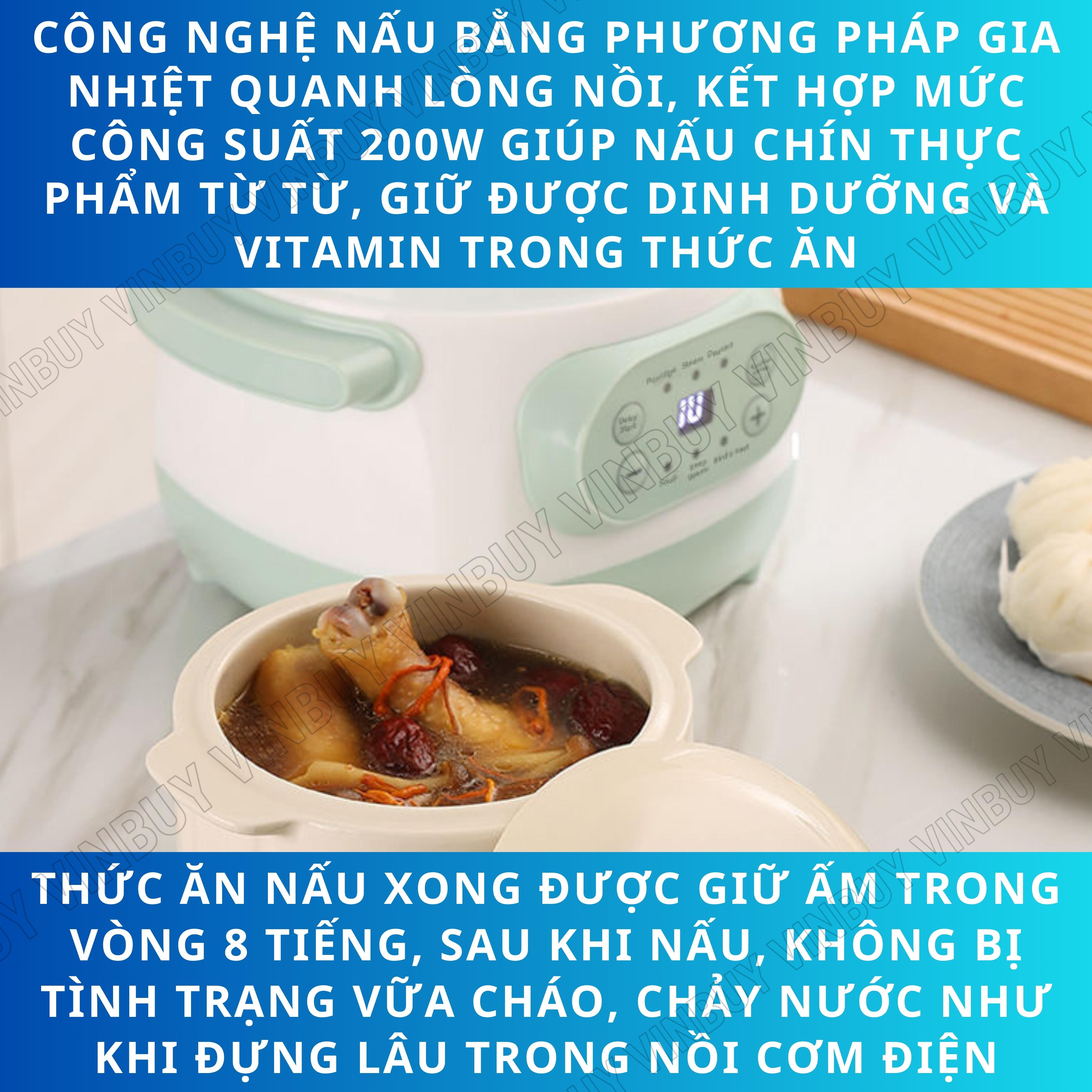 Nồi chưng yến, nồi nấu chậm, nồi tiềm thuốc bắc, nồi nấu cháo cho bé giữ trọn chất dinh dưỡng, dung tích 1 lít, công suất 200W - Hàng chính hãng VINBUY