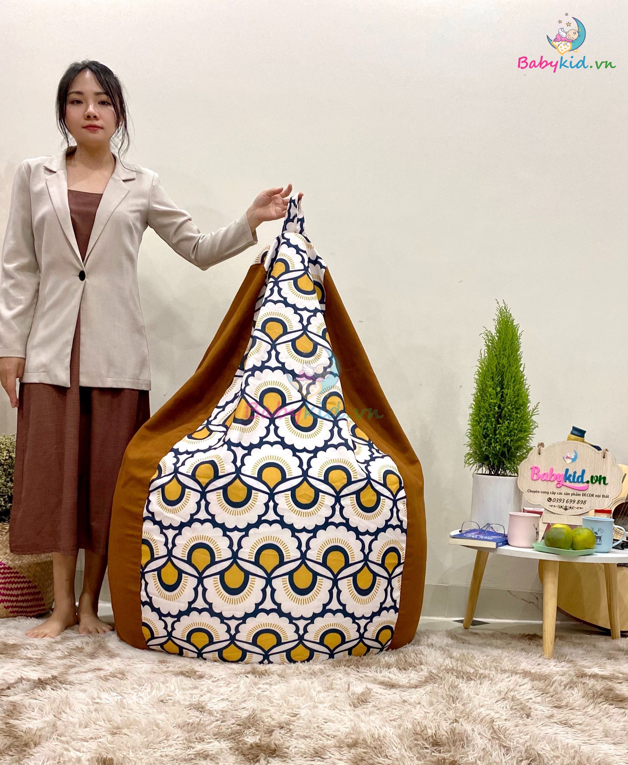Ghế xốp dáng lê size L 90x120cm THÔ HÀN mát hoạ tiết hình quạt mix cam DA LỘN - CÓ SẴN XỐP