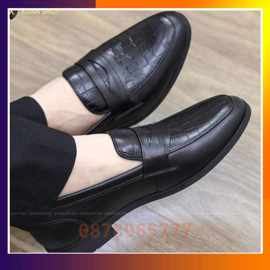 Giày Lười Nam Đẹp Da Bò Dập Vân Cá Sấu Mã G046 Màu Đen
