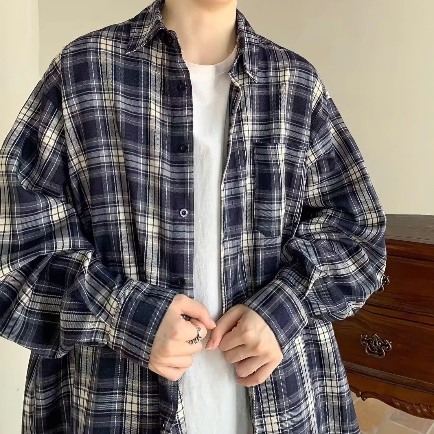 Áo sơ mi nữ khoác ngoài form rộng unisex - Áo sơ mi sọc xanh đen số 13a