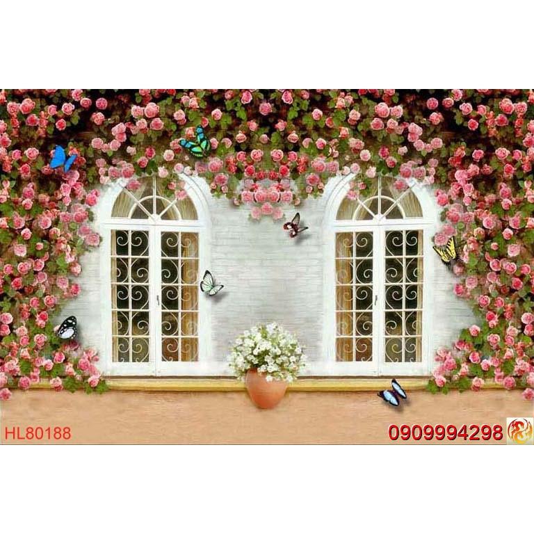 Tranh dán tường 3d giàn hoa hồng leo tường (size to khổ 1,2m)