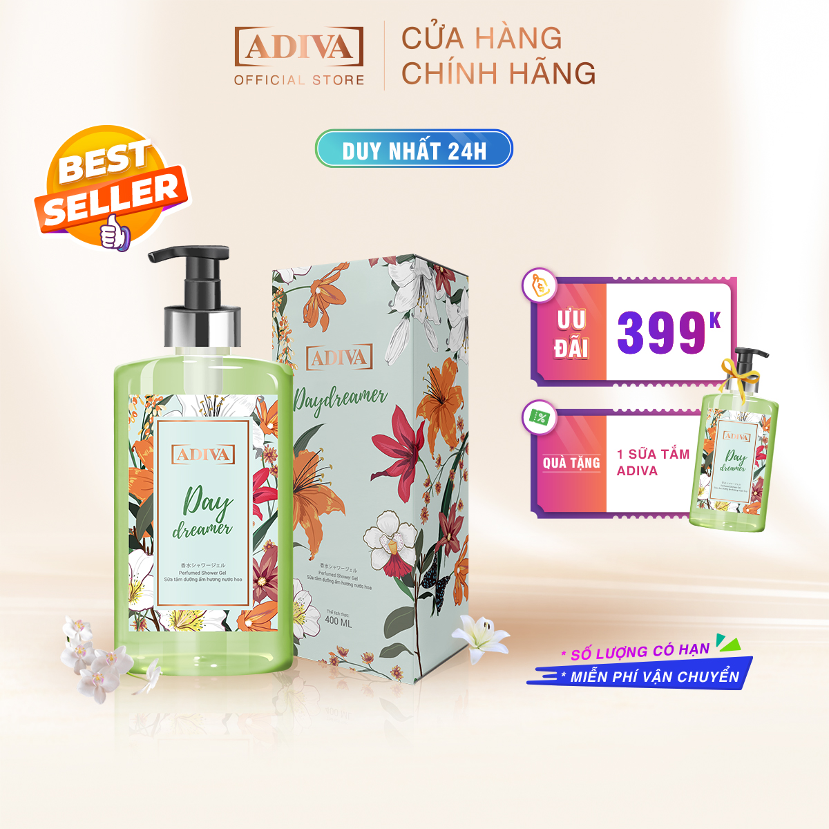 Sữa Tắm Dưỡng Ẩm Hương Nước Hoa ADIVA Day Dreamer 400ml Tặng 1 Hộp  Cùng Loại