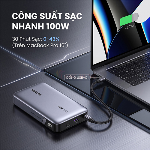 Sạc dự phòng Ugreen Power Bank Built-In Dual Cable 25cm 1USB 2Type-C 145W 20000mAh PB551 55992B - Hàng chính hãng
