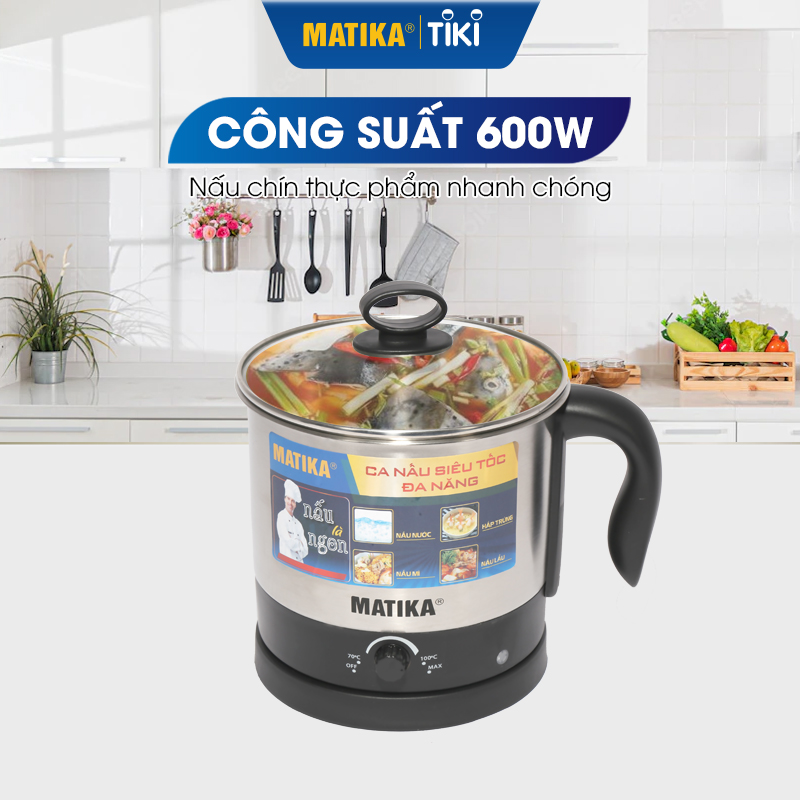 Ca Nấu Đa Năng 1.6L Inox 304 Matika MTK-1612 Công Suất 600W ,Ca Nấu Siêu Tốc,Nồi Lẩu Điện Mini,Nấu Mì. Nấu Lẩu,Đun Nước,Luộc Trứng -Hàng Chính Hãng