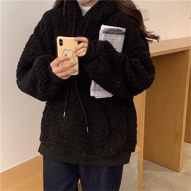 Áo Hoodie Nỉ Lông Dáng Rộng Tai Gấu Freesize đáng yêu tay dài