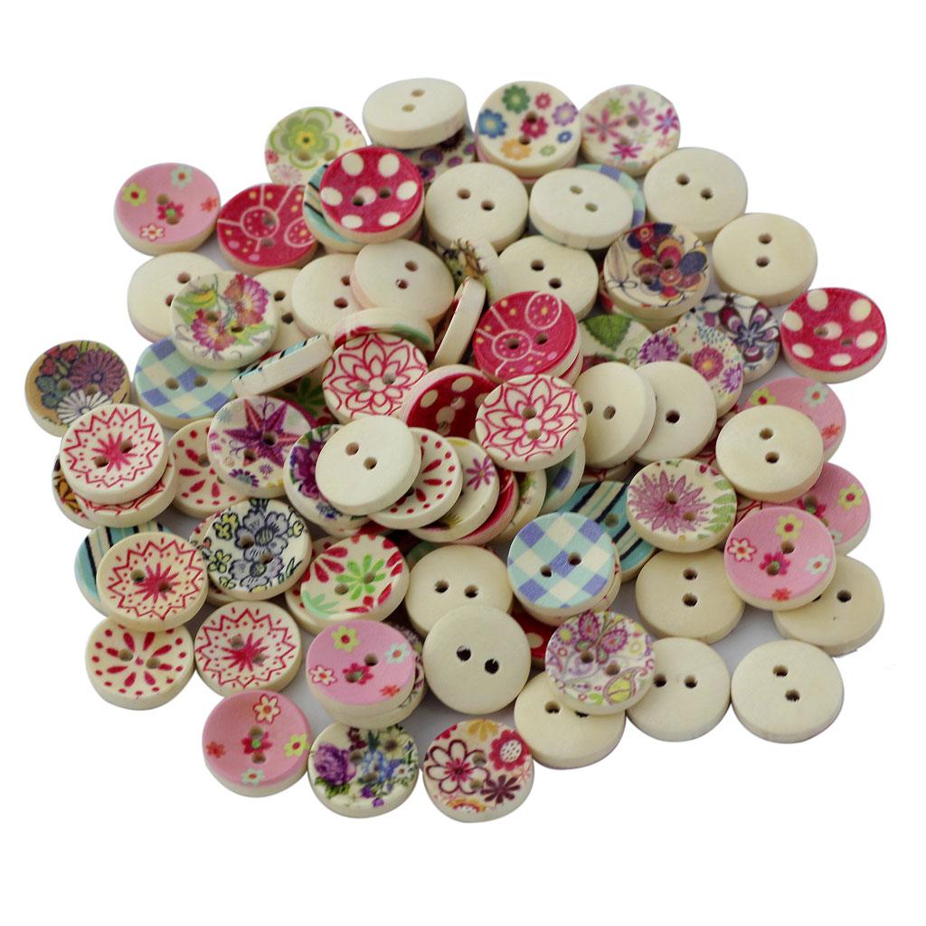 200Pcs 15mm Round Painted Wooden Button Sewing Buttons 2 Holes For Craft