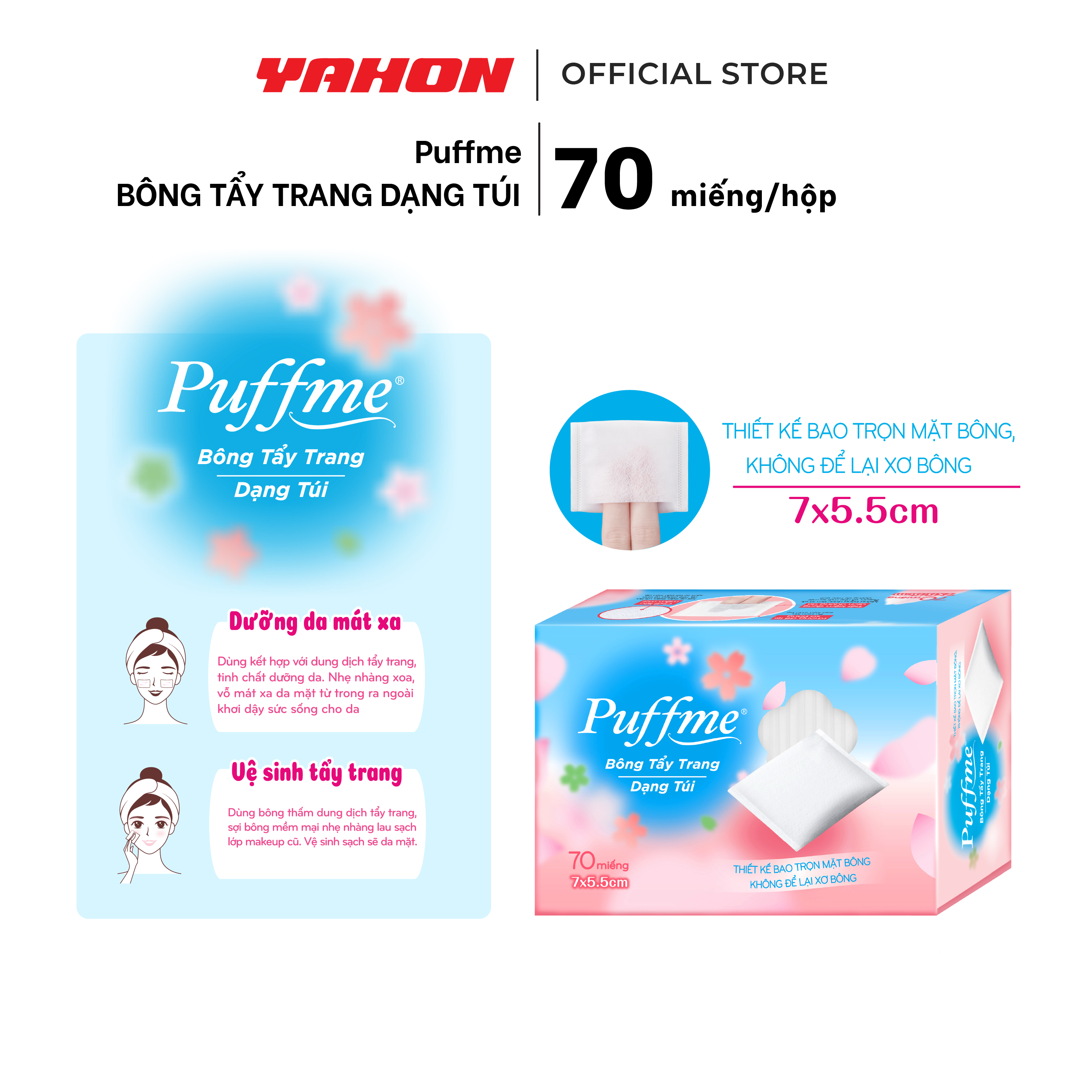 Combo Hộp Bông Tẩy Trang Dạng Túi PUFFME, 70 Miếng/Hộp