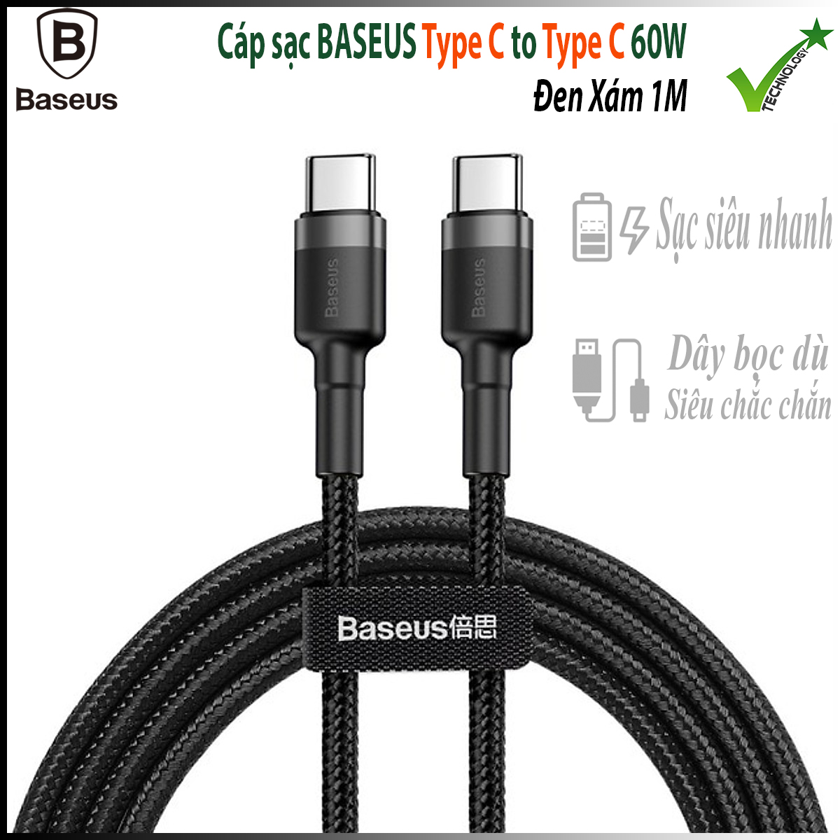 Dây cáp sạc nhanh Type-C truyền data tốc độ cao Baseus Cafule Type C to Type C PD cho Smartphone / Tablet / Macbook / Laptop Type C dài 1M - hàng chính hãng