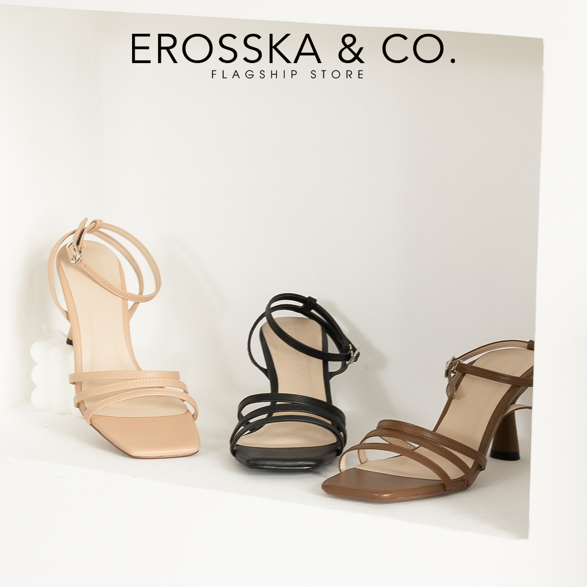 Erosska - Giày cao gót nhọn mũi hở phối dây quai mảnh cao 7cm - EB052