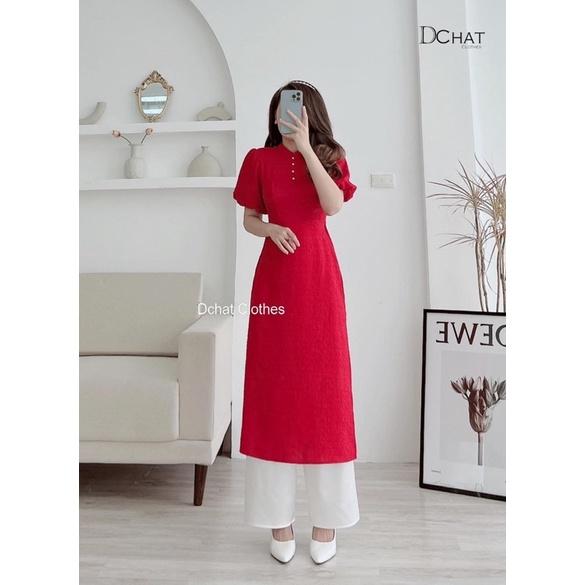 Áo dài cách tân đỏ tay bồng kèm quần lụa mỹ