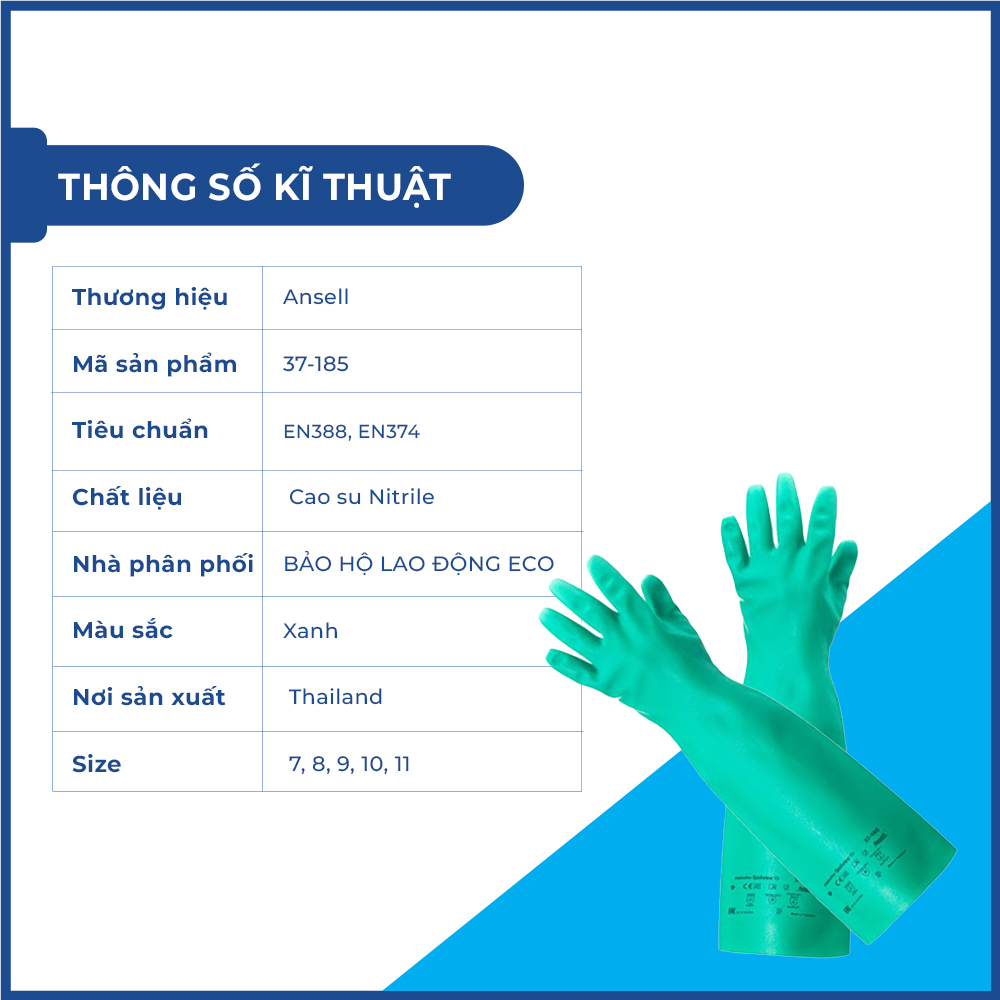 Găng tay chống dầu, hoá chất Ansell Solvex 37-185 bảo vệ tay khỏi hóa chất, axit loãng, dầu mỡ