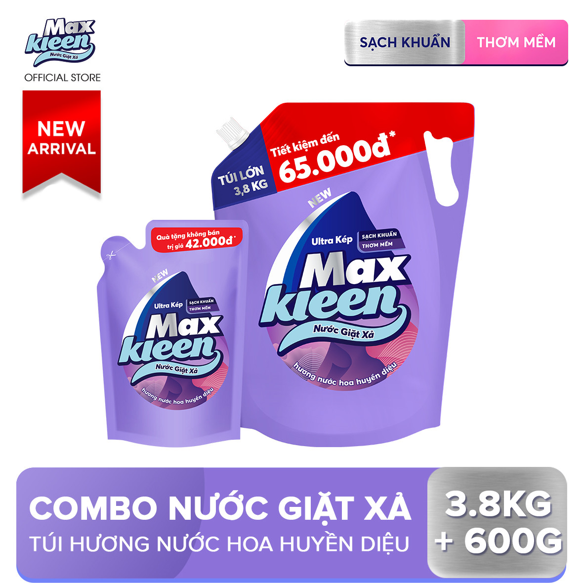 Combo Nước giặt xả Maxkleen Hương Nước Hoa Huyền Diệu: 1 Túi 3.8kg + 1 Túi 600g