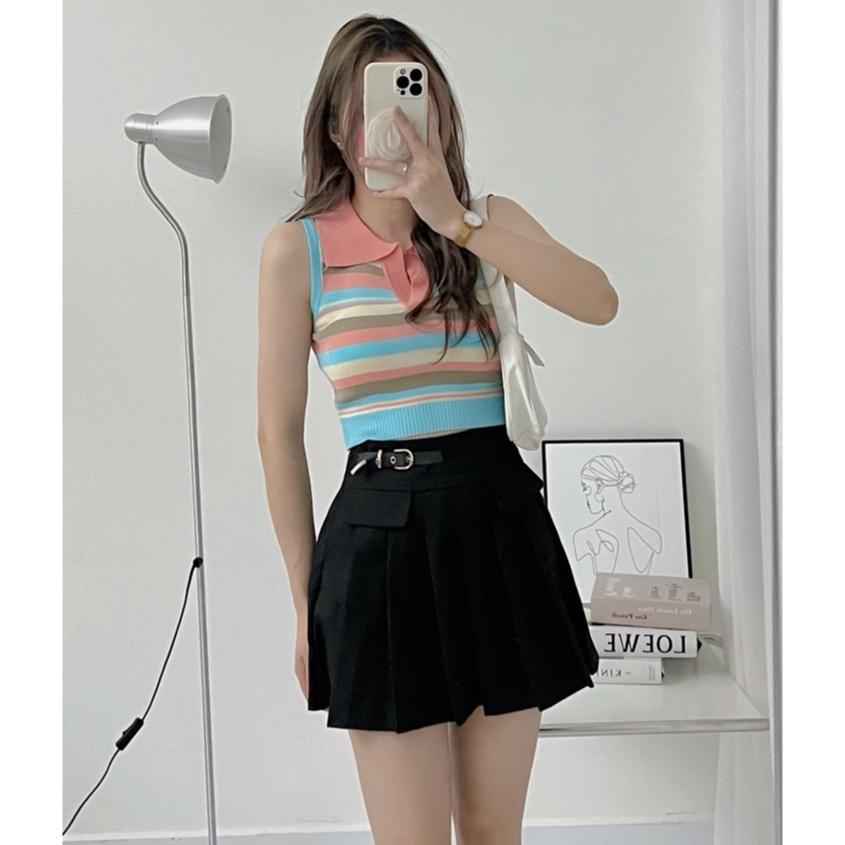 Áo len dệt kim Montoghi 3 LỖ CỔ ĐỨC Quảng Châu sọc ngang dáng ôm croptop cực xinh