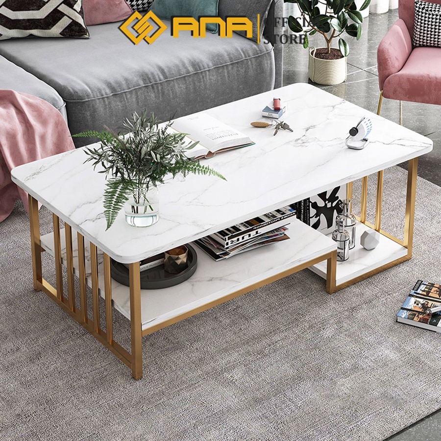 Bàn trà sofa ANA phòng khách mặt bàn họa tiết vân đá cẩm thạch 2 tầng khung thép chân sơn nhũ vàng mã SF01