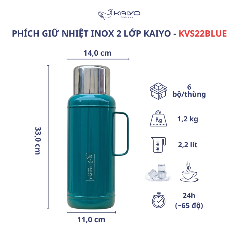 Phích giữ nhiệt hai lớp Kaiyo, chất liệu inox 304, dung tích 2,2 lít, màu xanh cổ vịt [KSV22BLUE]