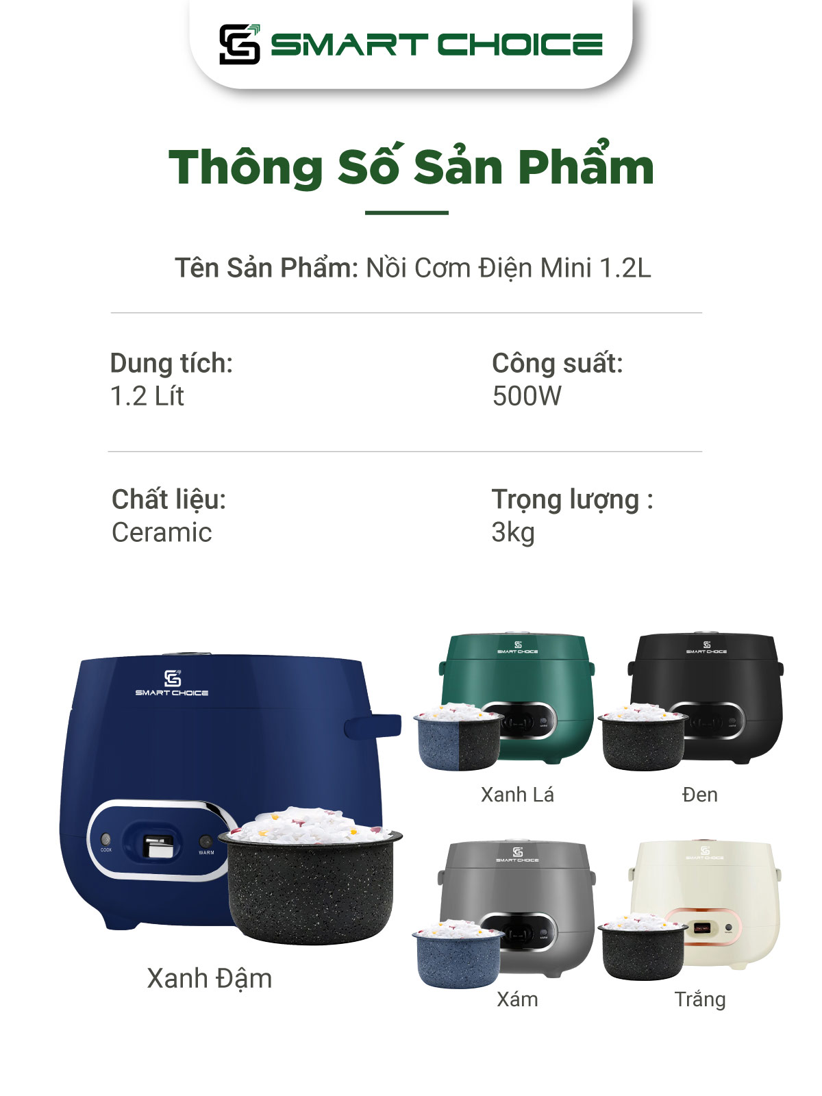 Nồi Cơm Điện Mini 1.2L SMARTCHOICE SCG-RC3001 Lòng Nồi Phủ Ceramic Chống Dính Cao Cấp, Nồi Cơm Điện Cơ Có Quay Xách Dùng Cho 1-3 Người Ăn, Nấu Chín Nhanh, Giữ Ấm Lâu - Hàng Chính Hãng
