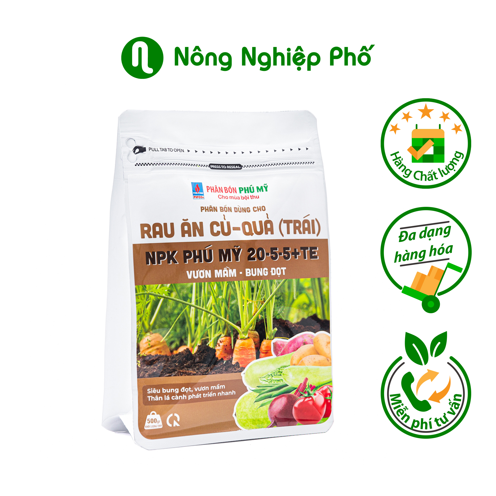 NPK Phú Mỹ 20-5-5 + TE Rau ăn củ - quả - Gói 500gram